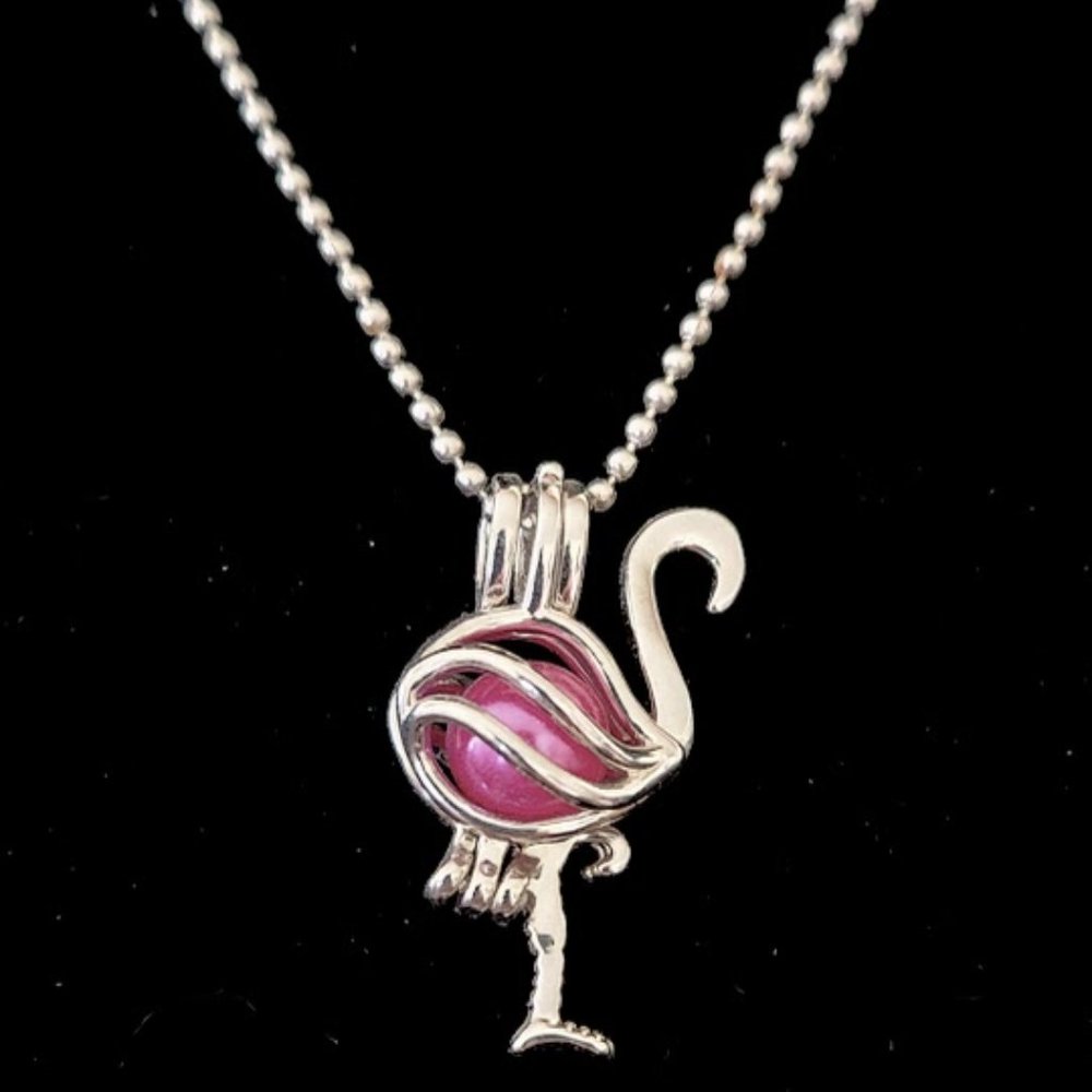 Silver Flamingo Cage Necklace With Pearl - Picture 2 of 4